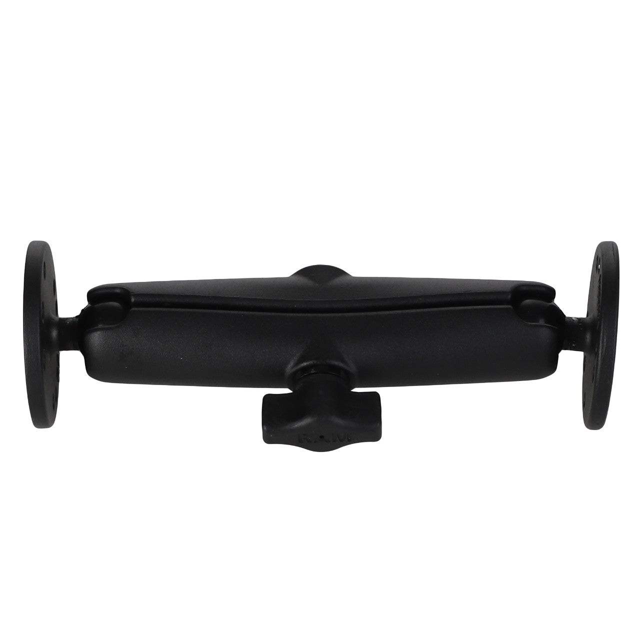 The AGCO | Ram® Universal Double Ball Mount With 2 Round Plates - Acw3487310 is a sleek, black adjustable double socket arm, featuring two circular mounts on the ends and a central tightening knob.