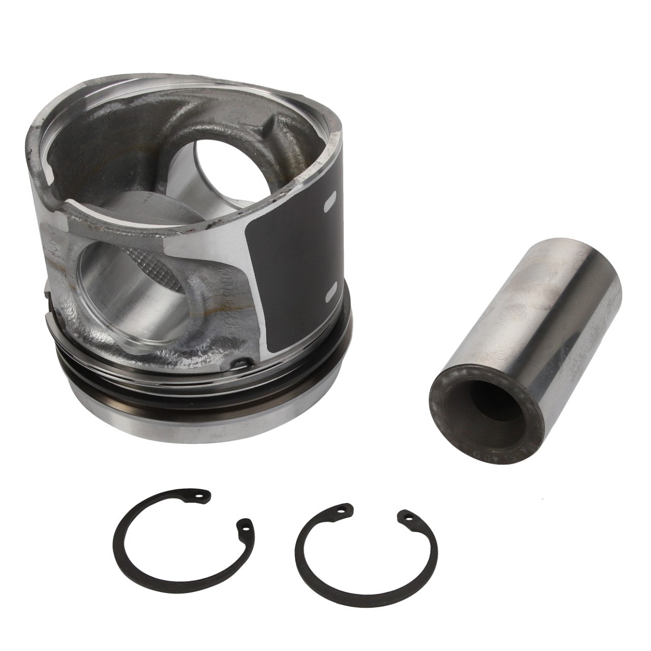 An AGCO piston kit (model F339202310210) for Valtra, including a piston, wrist pin, and two circlips on a white background.