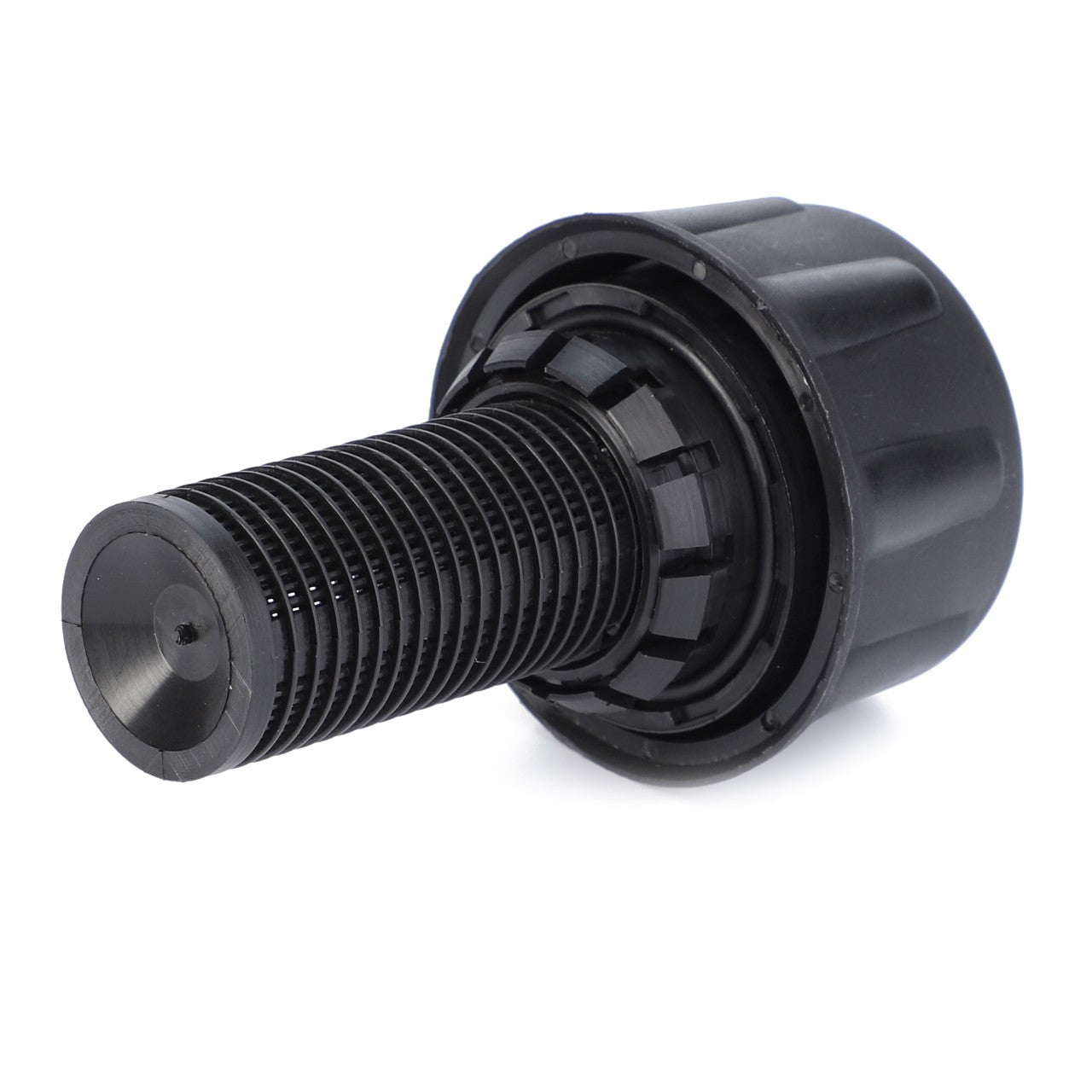Product Name: AGCO | Hydraulic Tank Cap - D45165801
Brand Name: AGCO
Description: The AGCO Hydraulic Tank Cap D45165801 is a black plastic mechanical component featuring a threaded cylindrical body and a round, textured grip at one end.