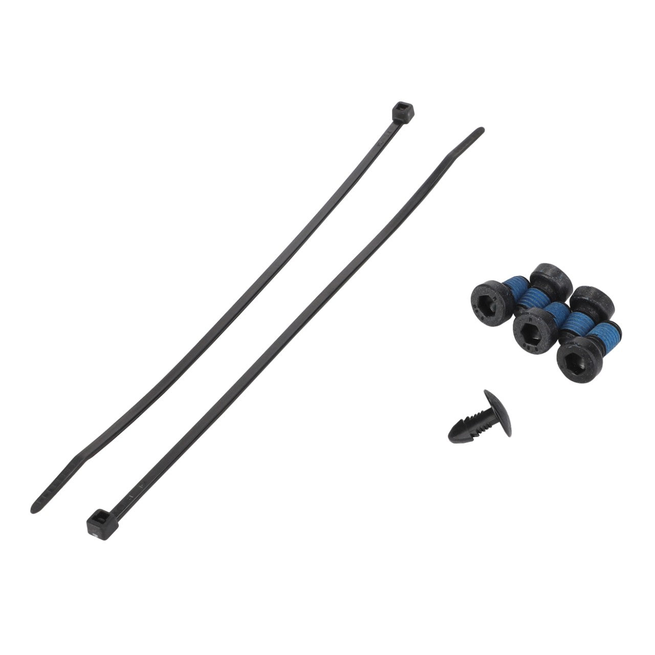 An image of the AGCO | SMALL PARTS KIT - F931502030480, featuring two black zip ties, three black and blue screws, and one black plastic fastener. No current product description information is available.