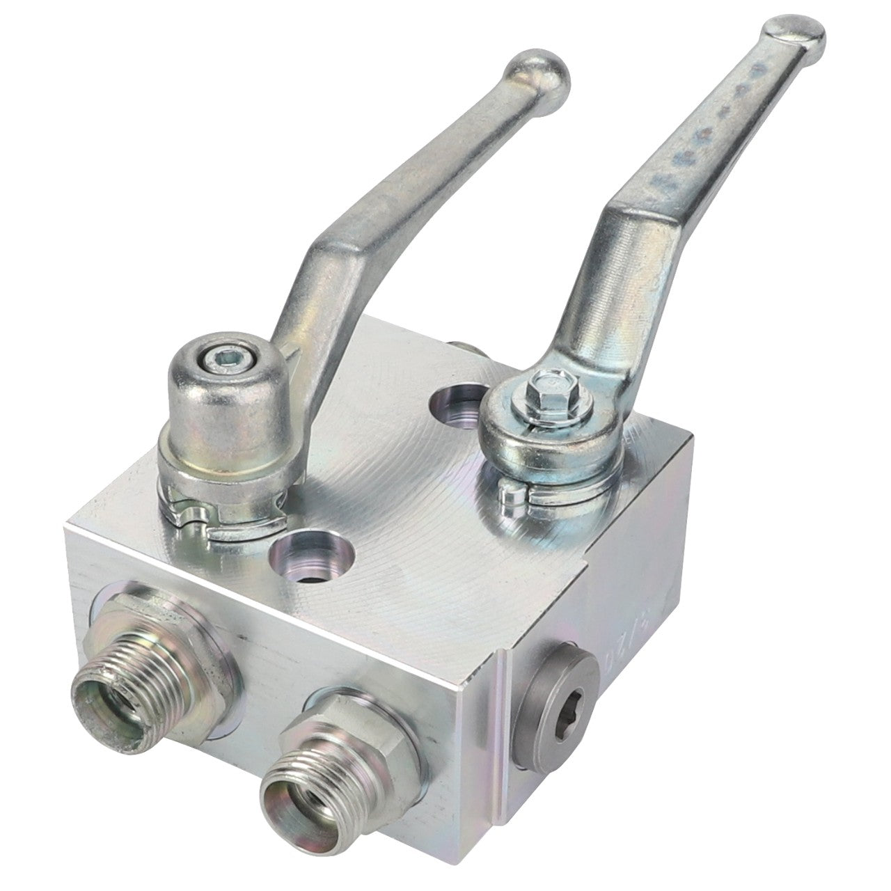 The AGCO Reversing Valve - Acw878680A, a metal hydraulic control valve featuring two levers and multiple ports, is utilized for regulating fluid flow in machinery. No current product description information is available.
