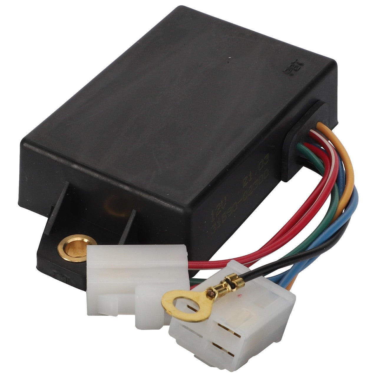 Introducing the AGCO CONTROL UNIT - 0.011.0647.4: a black electronic module featuring multiple colored wires and white plastic connectors, perfect for seamless integration. For any questions or ordering assistance, our support team is always ready to help.