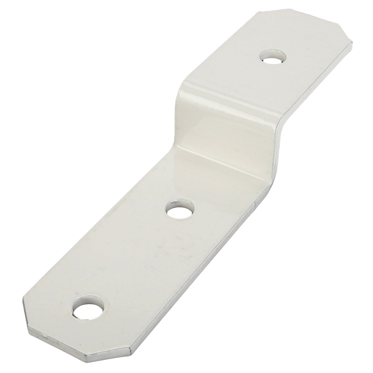 The AGCO BRACKET - D28185999 is a metal component featuring three round holes for mounting or support purposes, and it includes an angular bend in the middle to provide added stability.