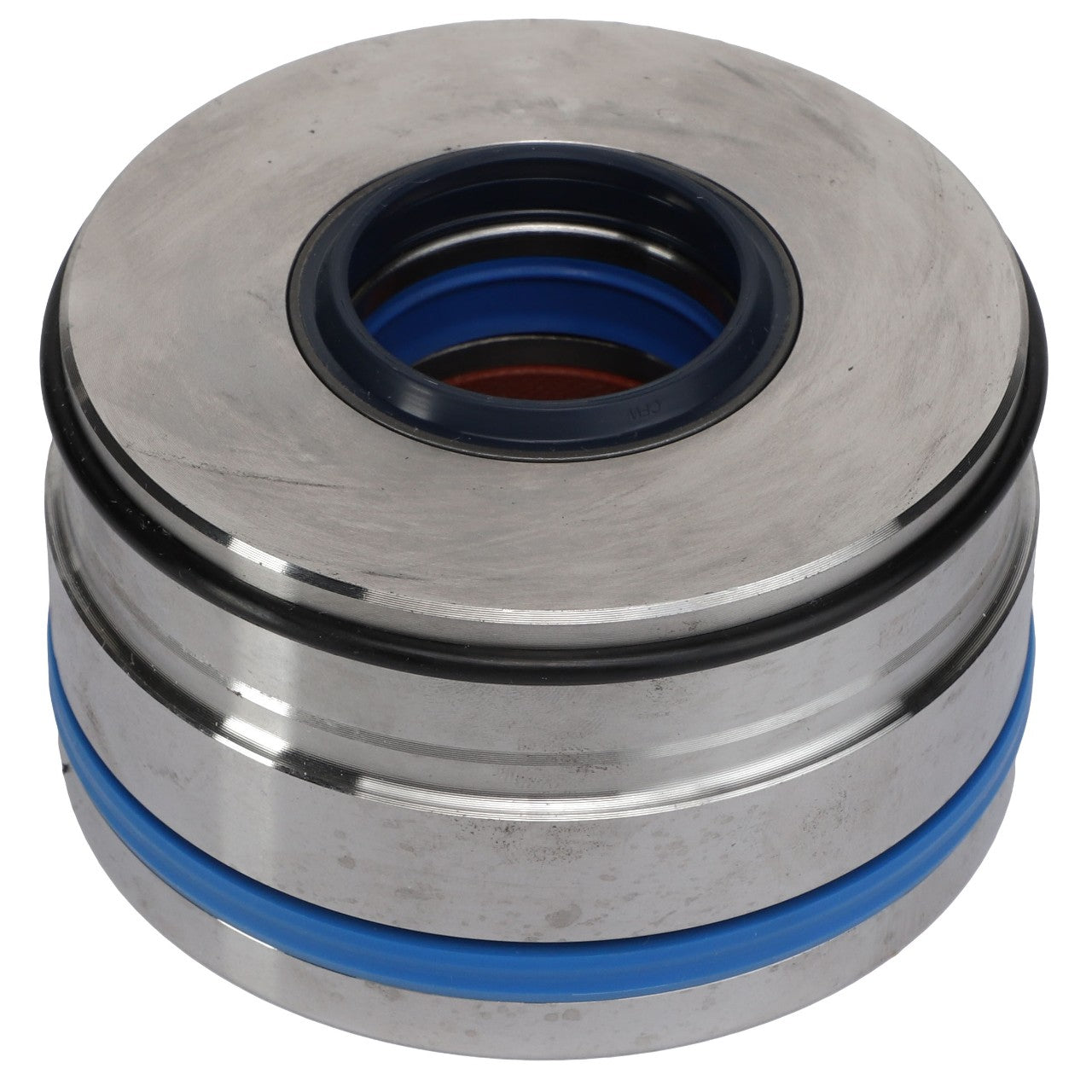 Close-up of the AGCO BEARING - AL12710211, a metallic cylindrical mechanical component featuring a blue seal and a black inner ring.