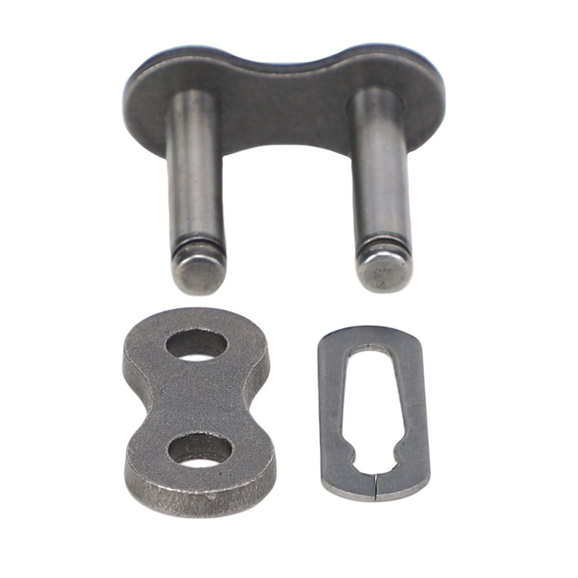 The AGCO | CONNECTOR LINK - K4190A by AGCO is a metal bike chain connecting link comprising three parts: a main link with pins, a double-holed plate, and a small rectangular locking piece. Its sturdy construction ensures reliability and durability.