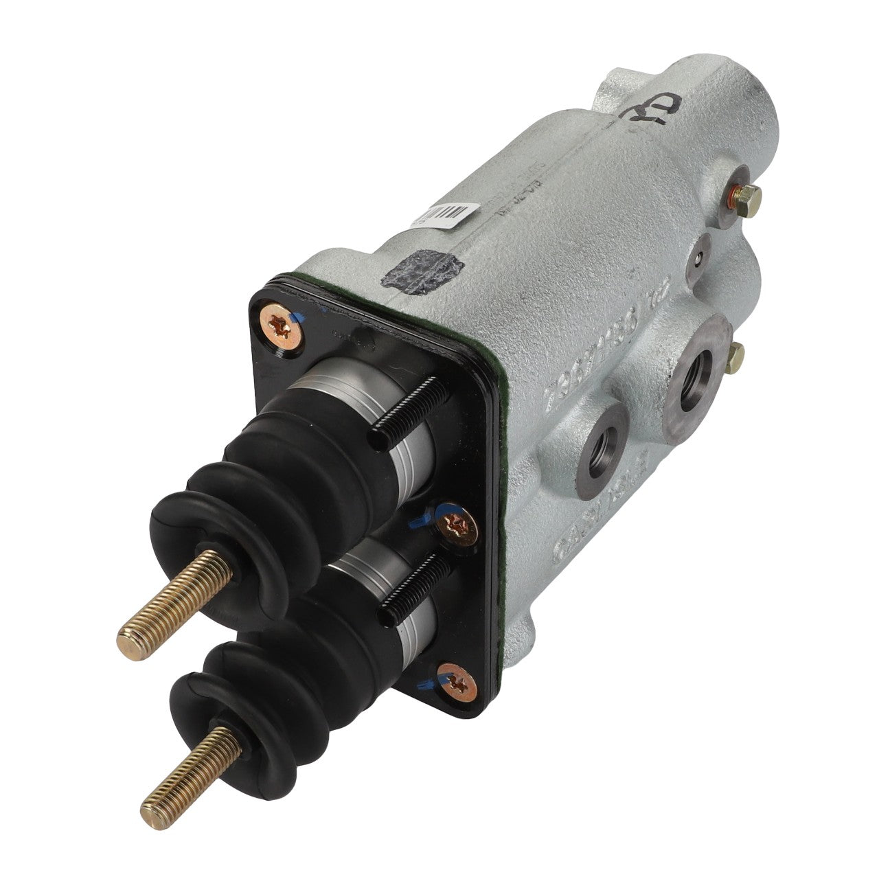 Close-up of the AGCO Master Cylinder ACx2341720 in silver, featuring two black rubber boots and gold-colored threaded rods. Product description details are currently unavailable.