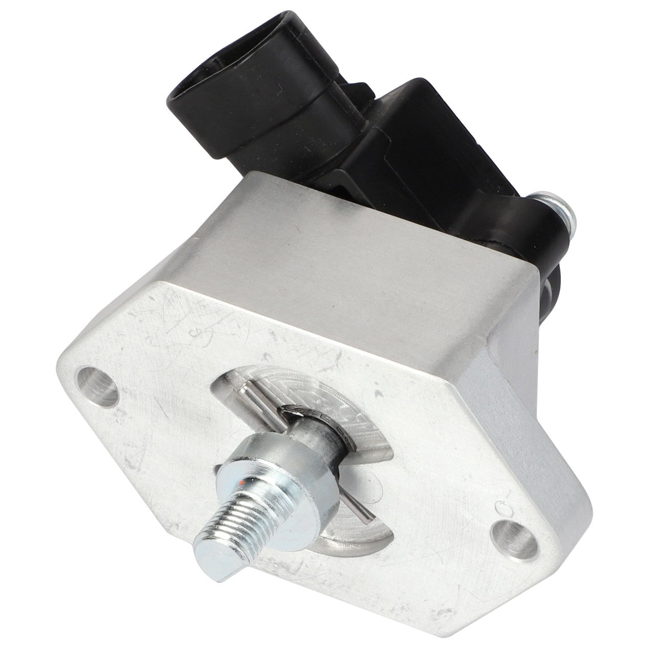 A close-up of the AGCO | WHEEL ANGLE SENSOR - AG424577, showcasing its rectangular base, hexagonal bolt, and black plastic connector on the top.
