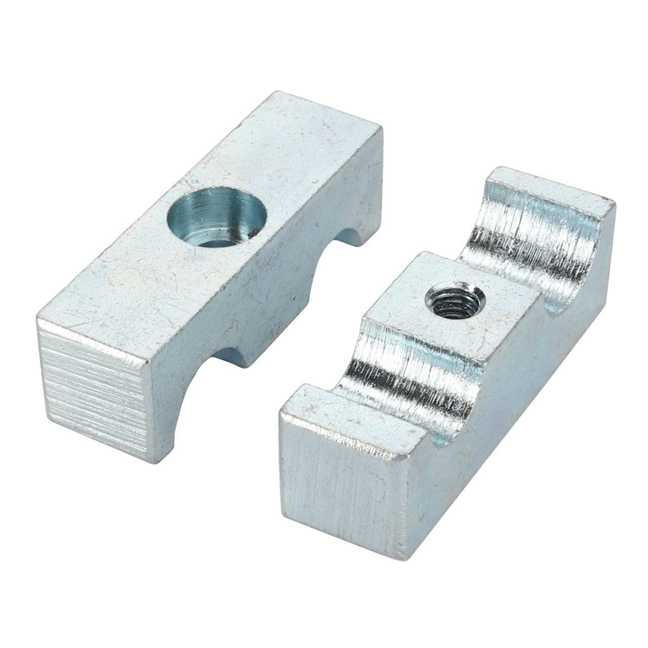 Product Name: AGCO | Clamp - Acp0420540
Description: The AGCO Clamp is a set of two metal brackets designed with flat surfaces. One bracket features a circular hole, while the other includes a threaded hole, making them ideal for mounting or securing various components.
