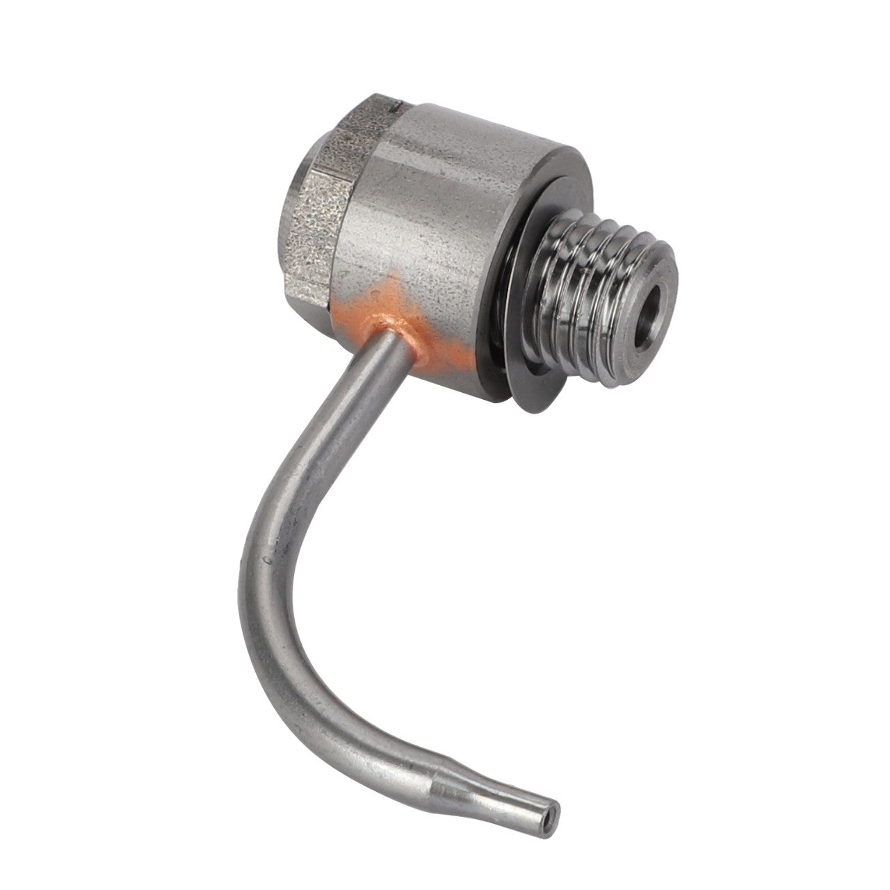 Here is a revised sentence using the provided product data:
**Currently, there is no detailed description available for the AGCO Piston Cooling Jet - Acp0665490, which is a metallic L-shaped hose fitting with a threaded end and a hexagonal nut.**