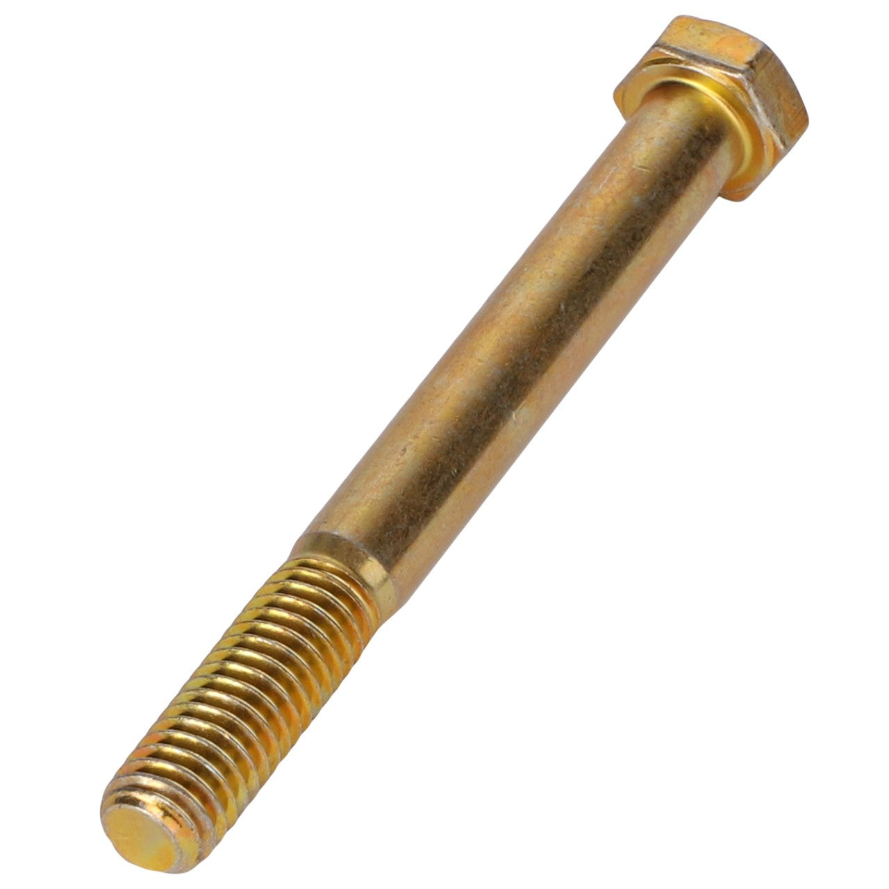 A close-up of the AGCO | HEXAGONAL HEAD BOLT - AG560456 features a gold-colored hex head with a threaded end and a smooth shank.