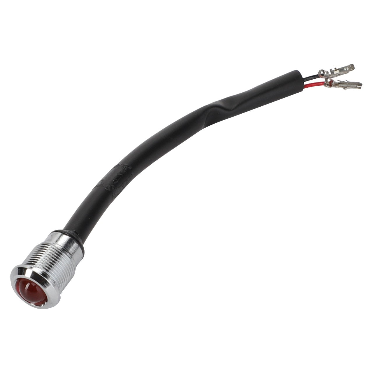 The AGCO Control Light - Acp0335920 is a black cable featuring a metallic cylindrical connector with two exposed wires on one end and a red LED light on the connector side. No current product description available.
