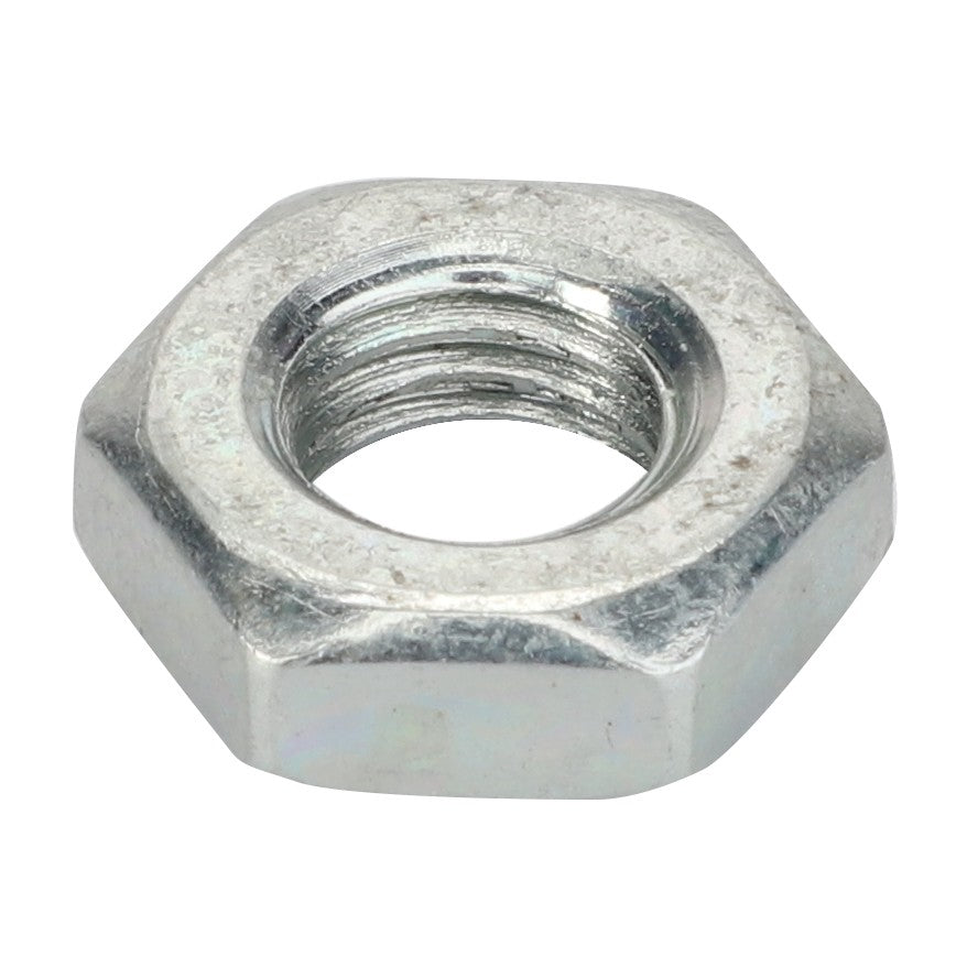 A close-up image of the AGCO NUT - LA10788714, showcasing its metal hexagonal design and internal threading, which is typically used for fastening components together.