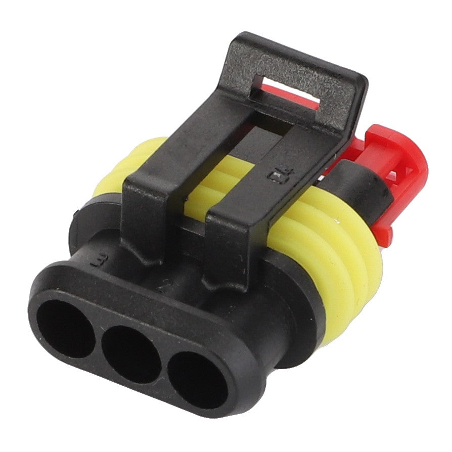 The AGCO Electrical Connector - D44900806 is a three-pin connector with a yellow gasket and black plastic housing, featuring a secure locking mechanism. Detailed product description information is currently unavailable.