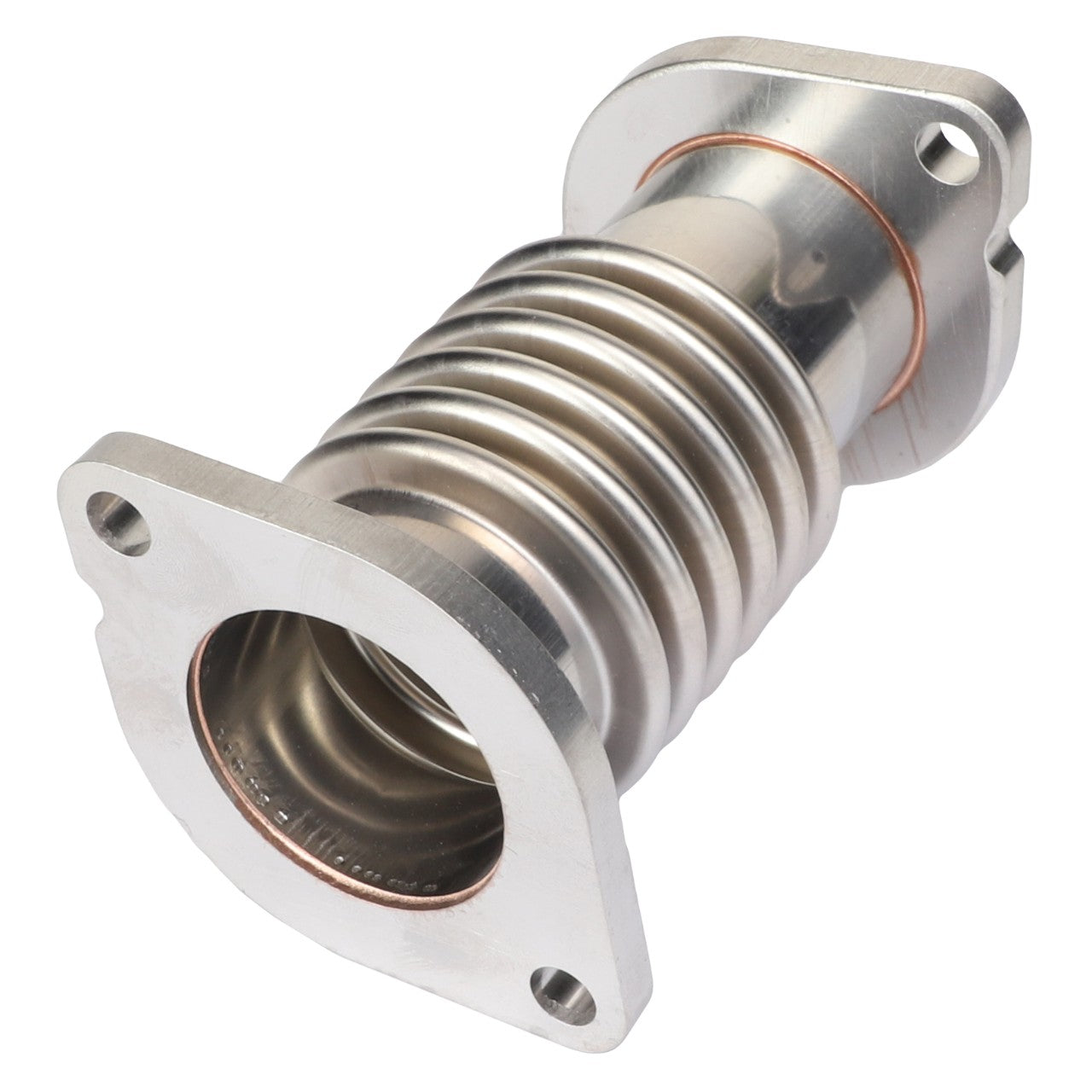 The AGCO | Exhaust Pipe - F530200090410 is a flexible metallic exhaust pipe featuring flanged ends and visible ridges, designed to accommodate thermal expansion and movement. Currently, there is no detailed product description available for this item.