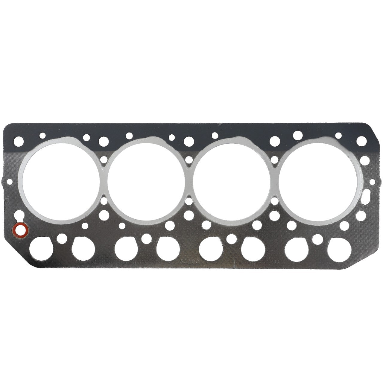 The AGCO CYLINDER HEAD GASKET - 0.010.2635.2 is a metal gasket featuring multiple circular openings, specifically designed for internal combustion engines. For more information on this product or to place an order, please contact our support team under the brand name AGCO.