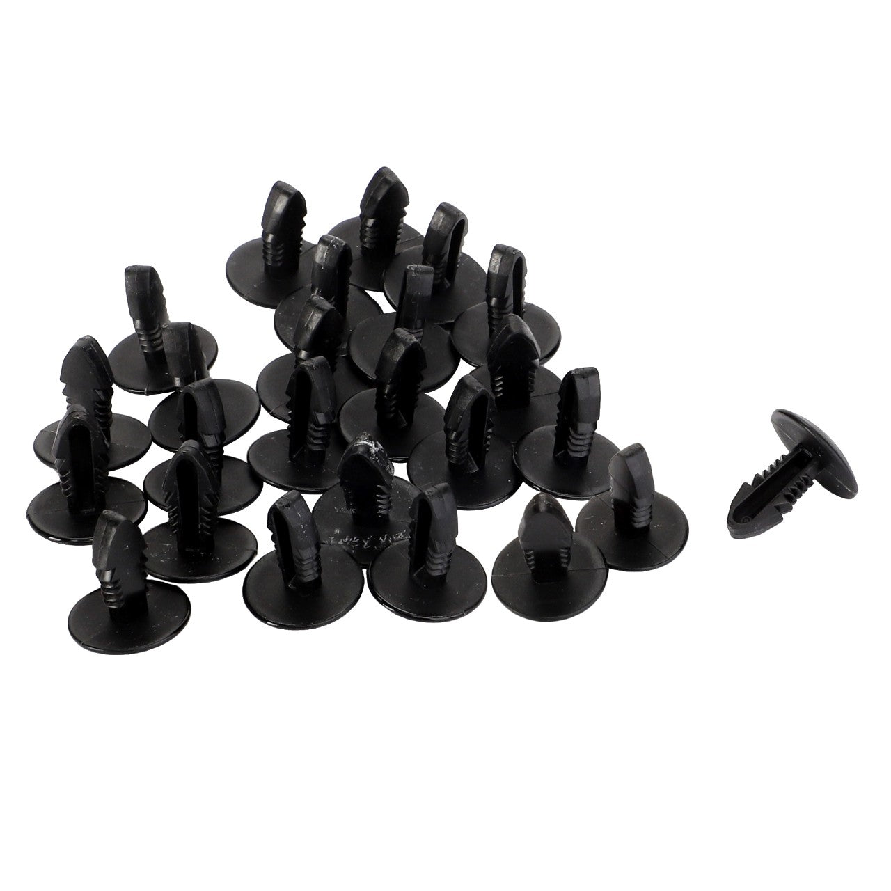 A collection of AGCO black automotive plastic fasteners, with one fastening part (F930500030900) separately placed on the right side. No current product description information is available.