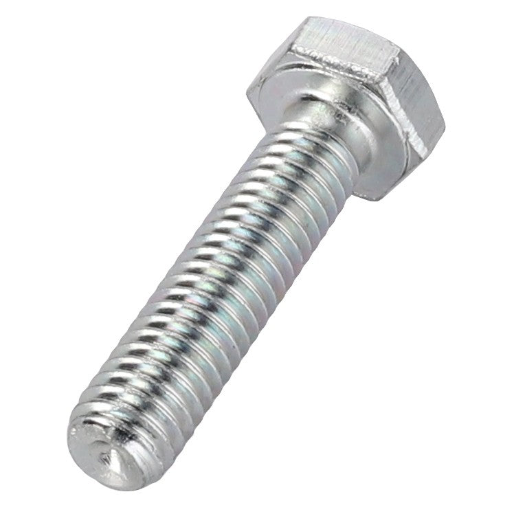 Close-up of the AGCO | HEX CAP SCREW - LA10902621, a metallic hex bolt with threads along its shaft, typically used in construction and mechanical applications.