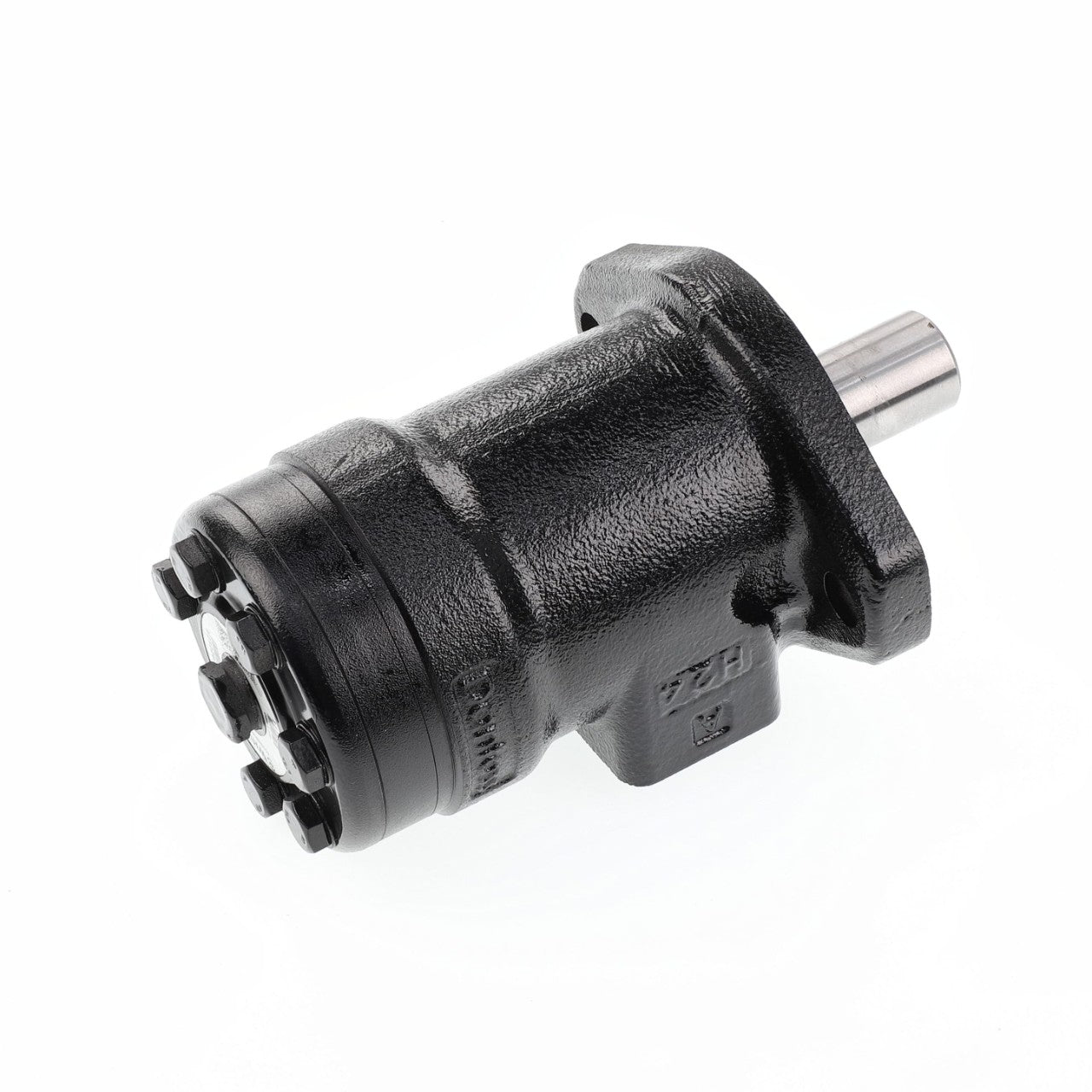 The AGCO hydraulic motor, model Acp0625190, features a cylindrical black body secured by multiple bolts on one end and a robust metal shaft extending from the other end.