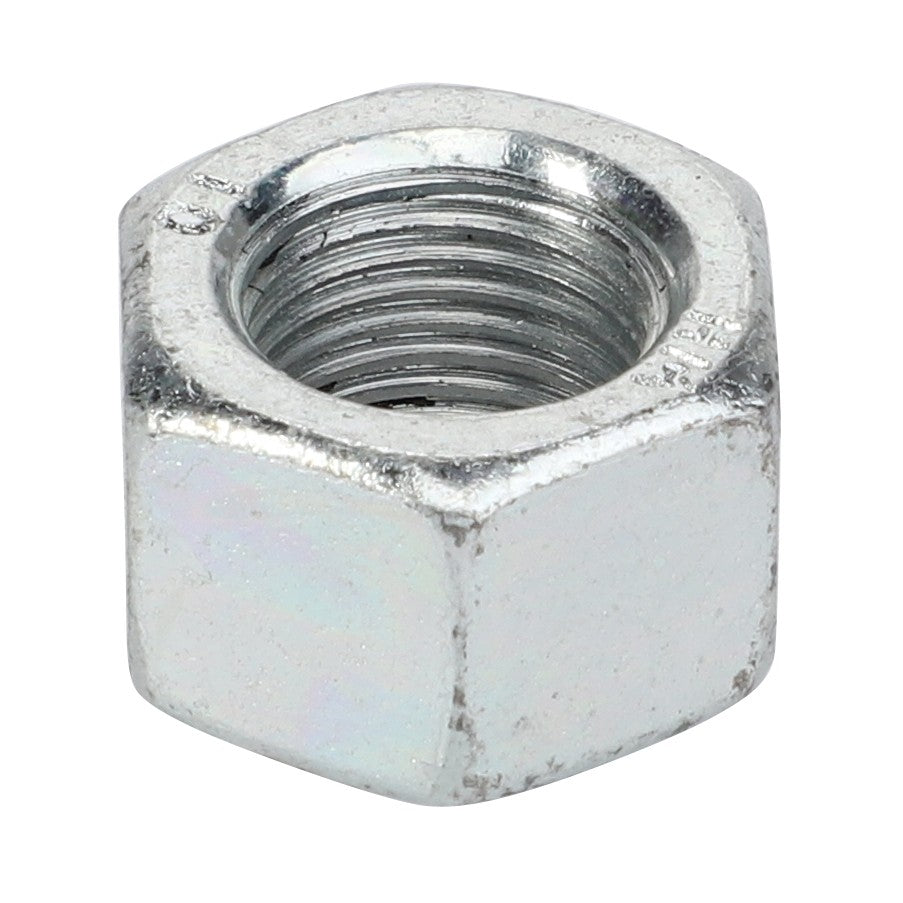 Close-up of the AGCO NUT - LA10790521, a metal hexagonal nut with internal threading, typically used in conjunction with a bolt for fastening. No further product description information is available about this specific item.
