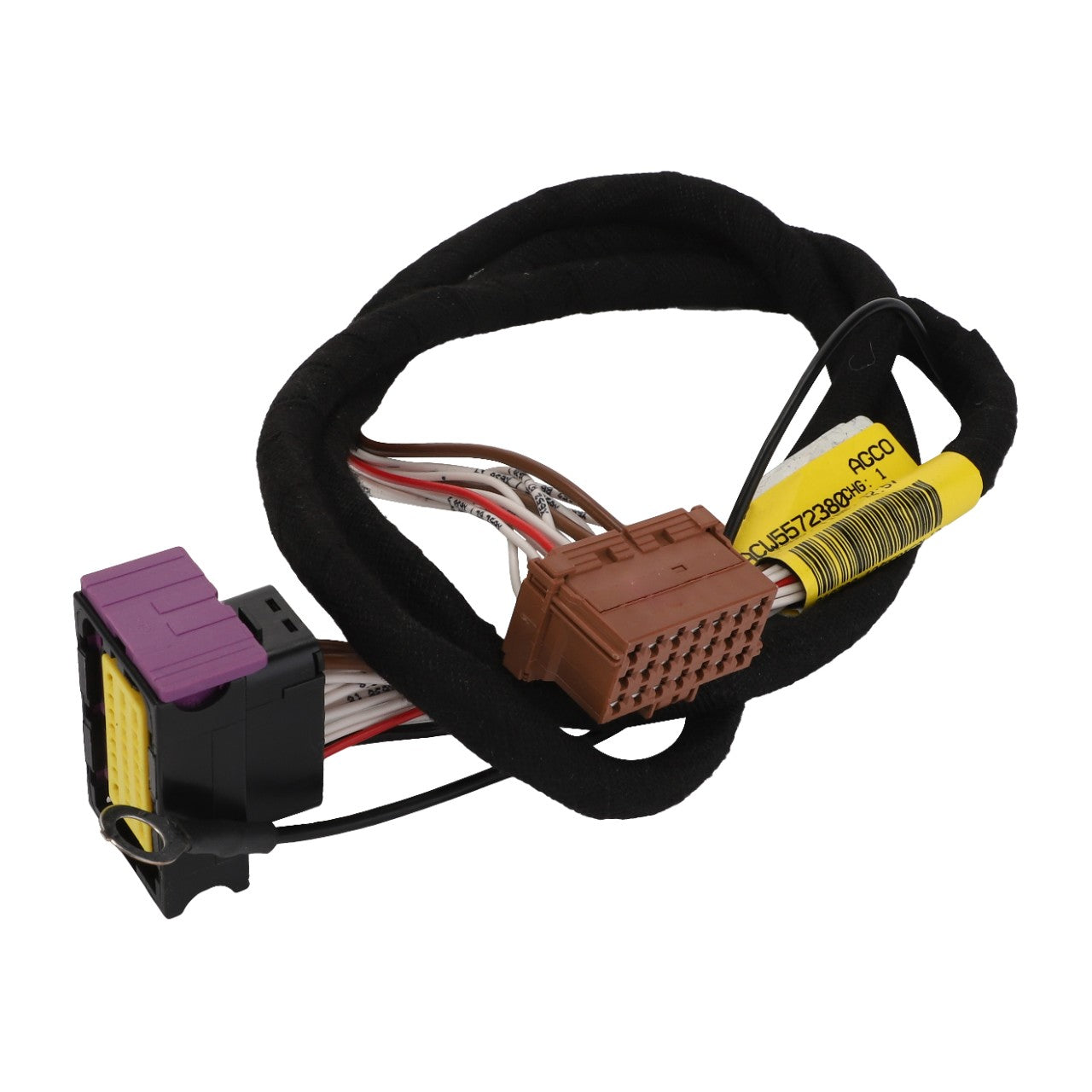 The AGCO | Harness - Acw5572380, an advanced coiled wiring harness by AGCO, features multiple connectors, including a brown plug and a black plug with a purple tab. Current product description information is not available for this item.