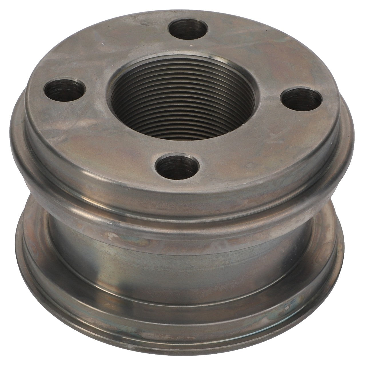 Sure, here's the revised sentence:
The AGCO Piston (Model: F931870051130) is a metal cylindrical component designed with an internal thread and four holes around its outer rim, likely intended for use in machinery or industrial equipment.