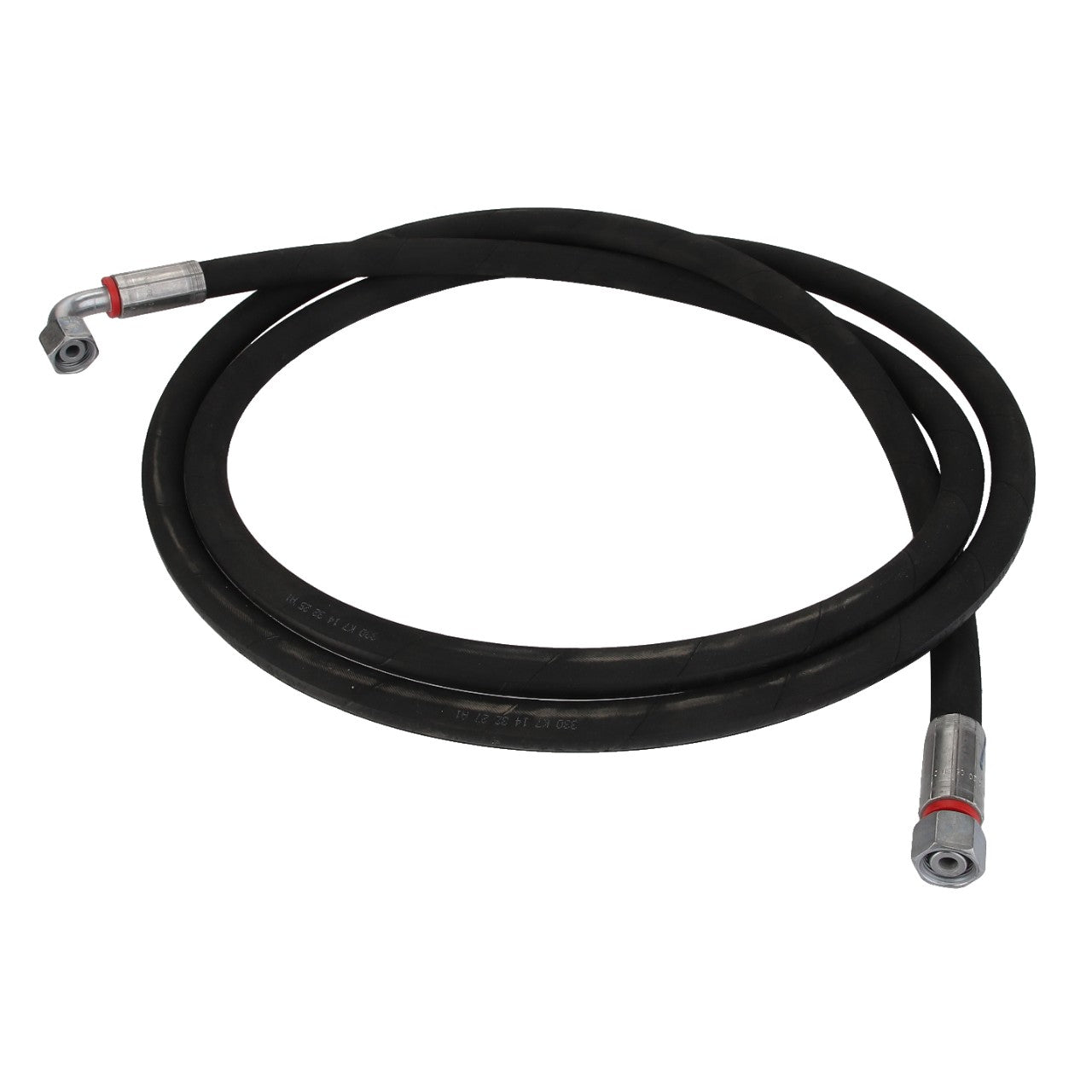 Product Name: AGCO | WARNING DECAL - ACP0538580
Brand Name: AGCO
A coiled black hydraulic hose with metal fittings at both ends, featuring 90-degree angled connectors. Currently, there is no available product description information.