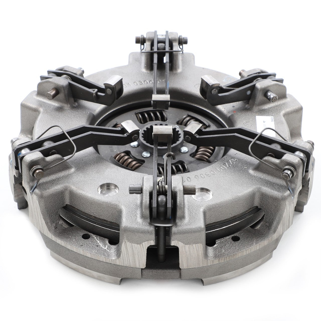 Close-up of the AGCO Double Clutch (V82224610) for an automotive transmission, featuring a round structure with lever arms, springs, and a central hub gear. This detailed mechanical clutch is similar in design to those found in Genuine AGCO Parts for tractors.