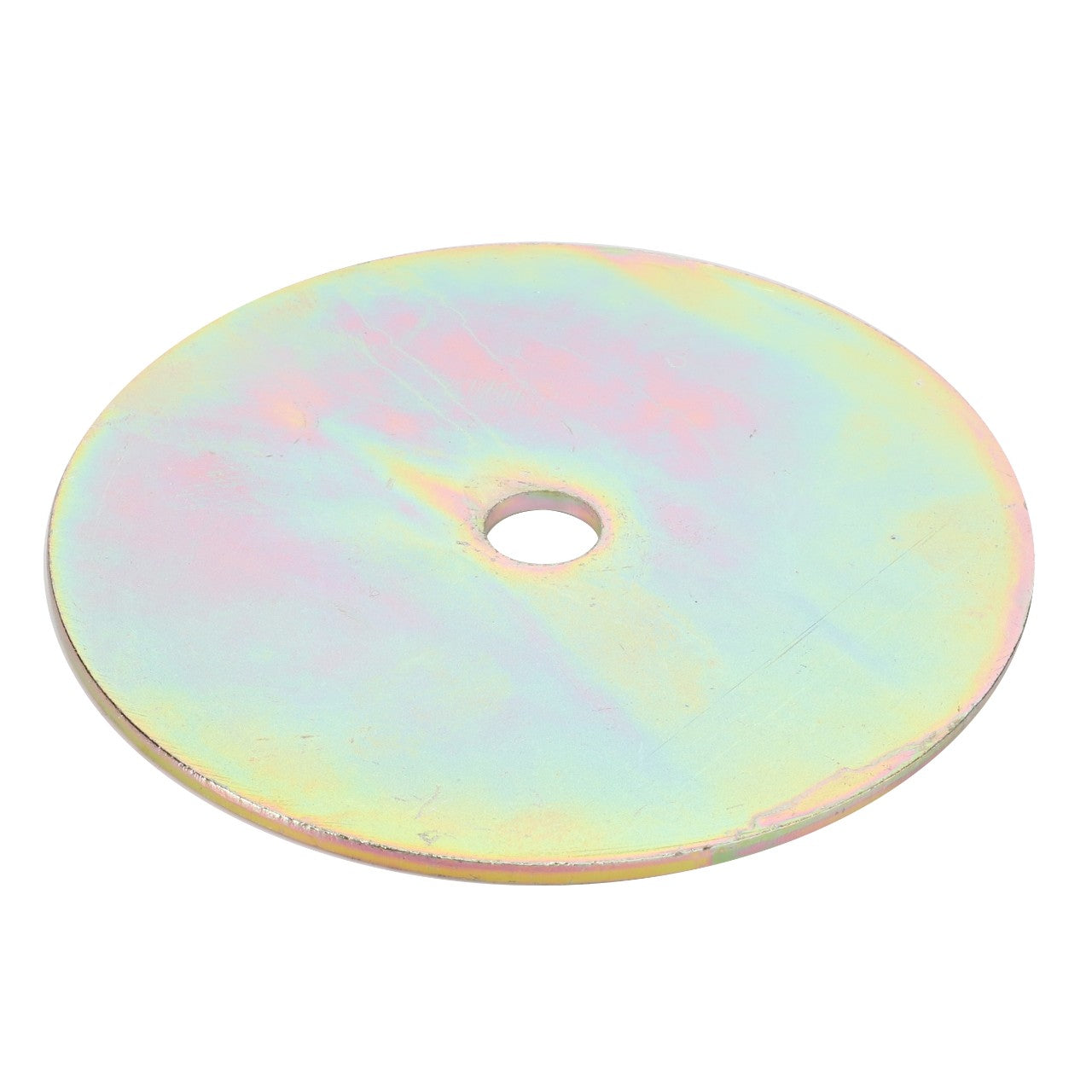 Introducing the AGCO Washer - La300135084: A metallic disc manufactured by AGCO, featuring a central hole and a stunning rainbow-like iridescent surface. For more details, product description is currently unavailable.