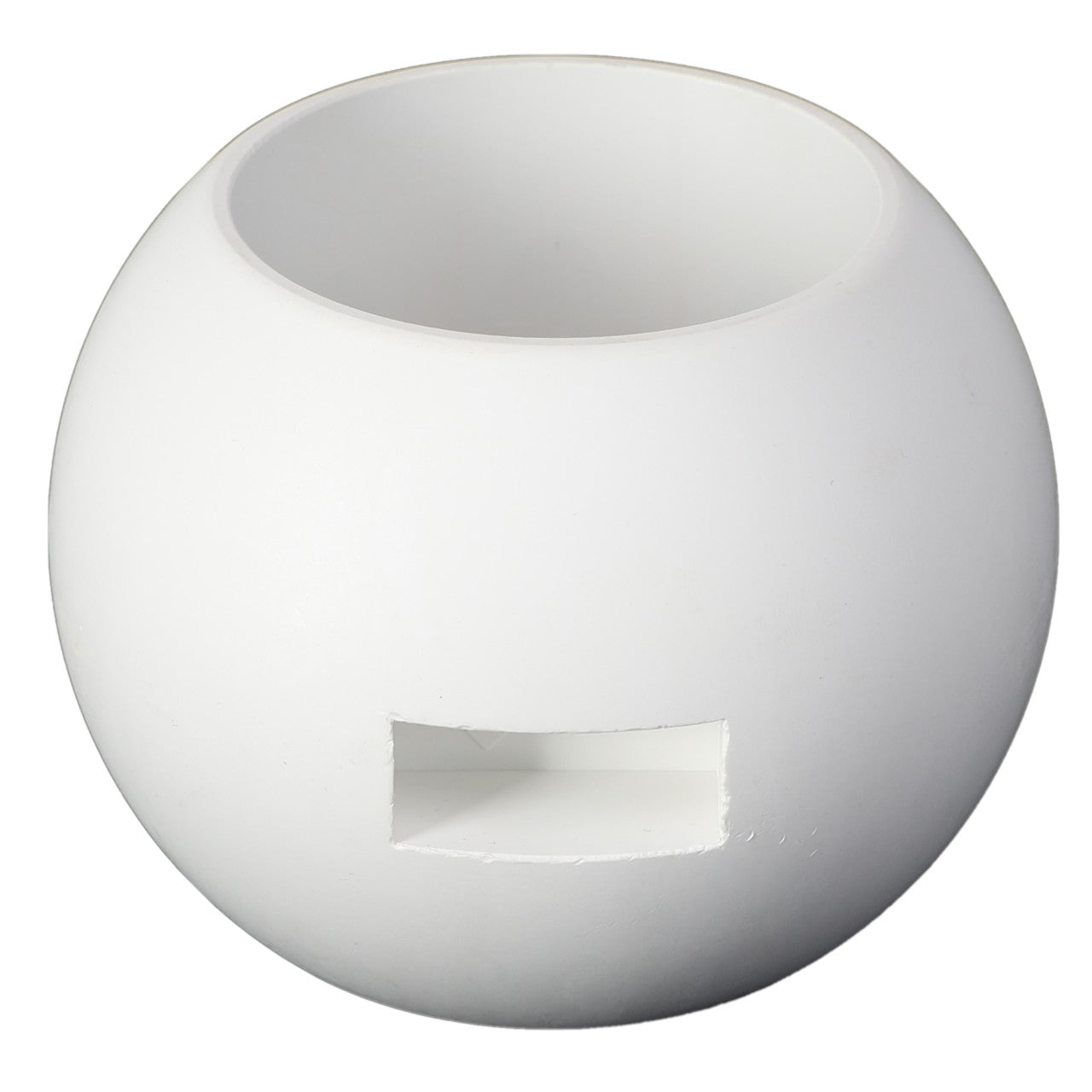 Product: AGCO | Ball Valve - Ag007568
Description: A white spherical object with an open top and a rectangular cut-out near the bottom. No current product description available for this item from AGCO.