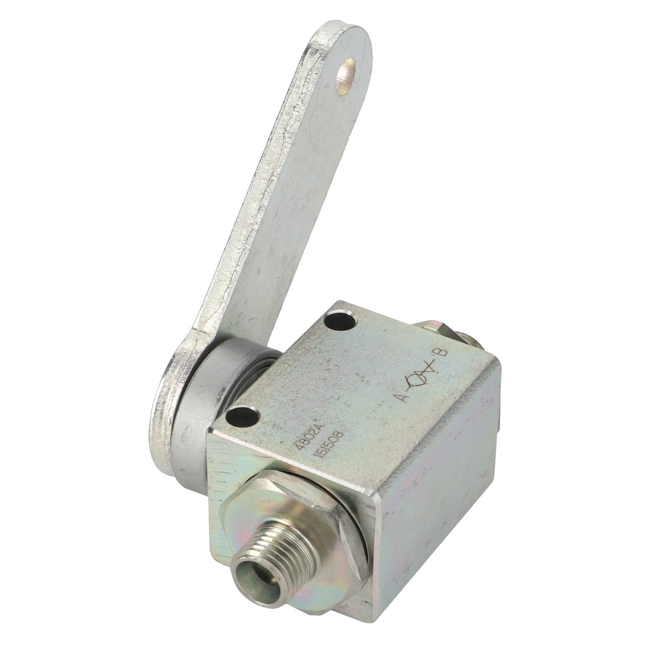 The AGCO | Cock - Fel151508, a metal industrial component from AGCO featuring a rectangular body and a protruding arm with a threaded connector and engraved symbols, is currently listed with No Current Product Description Available.