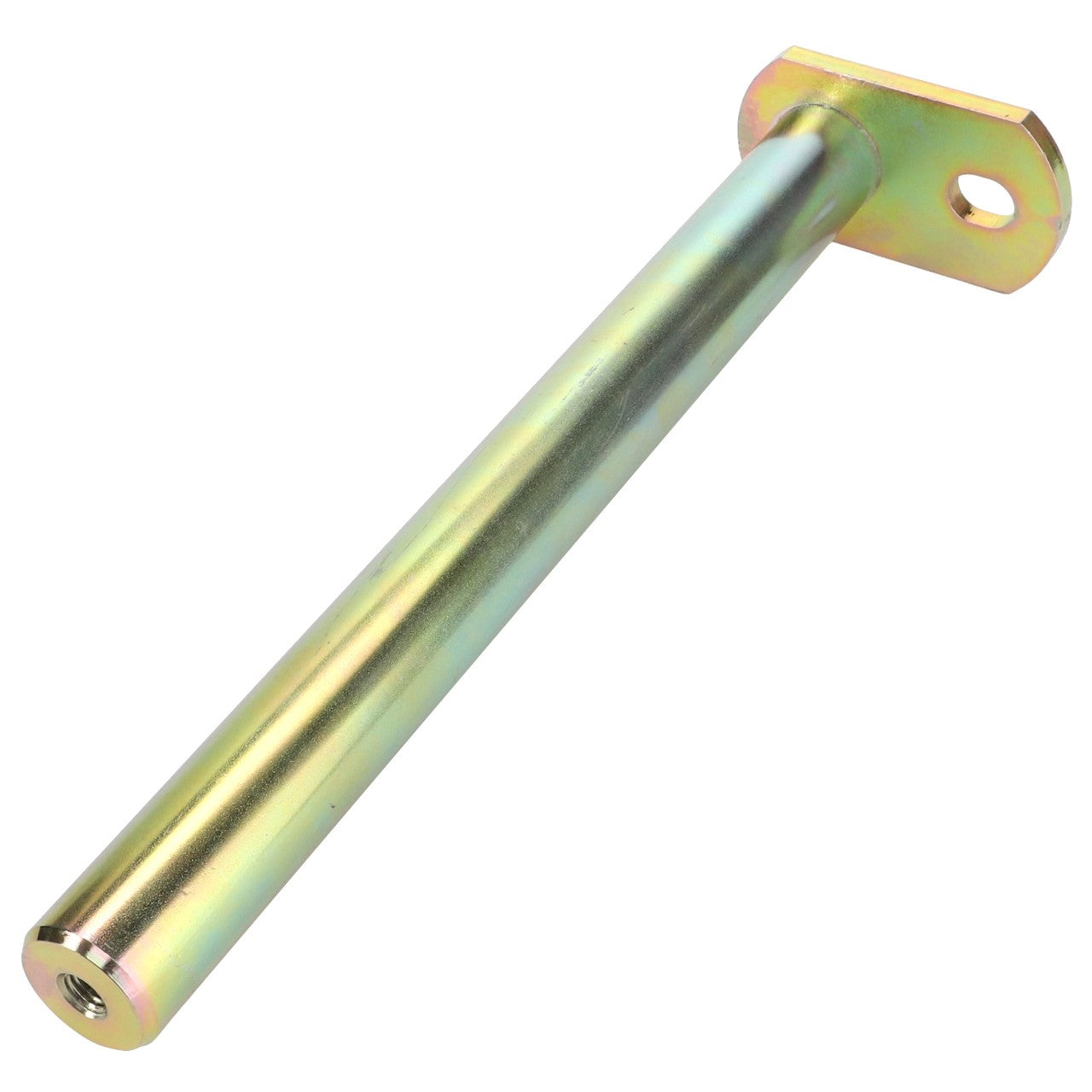 The AGCO | Axle - Fel152485 is a cylindrical metal rod featuring a threaded hole on one end and a flat, perforated attachment plate on the other end. Additional product details are currently unavailable.