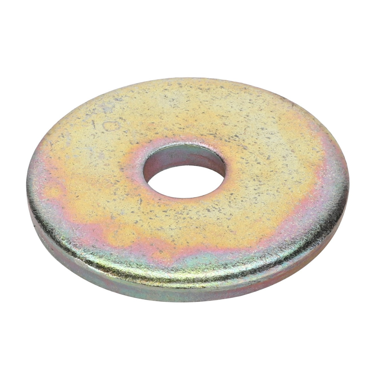 The AGCO | Disc - 0910-80-44-00, a metallic flat washer with a central hole and a multicolored, slightly iridescent surface, is typically used in fastening applications to distribute load or prevent loosening.