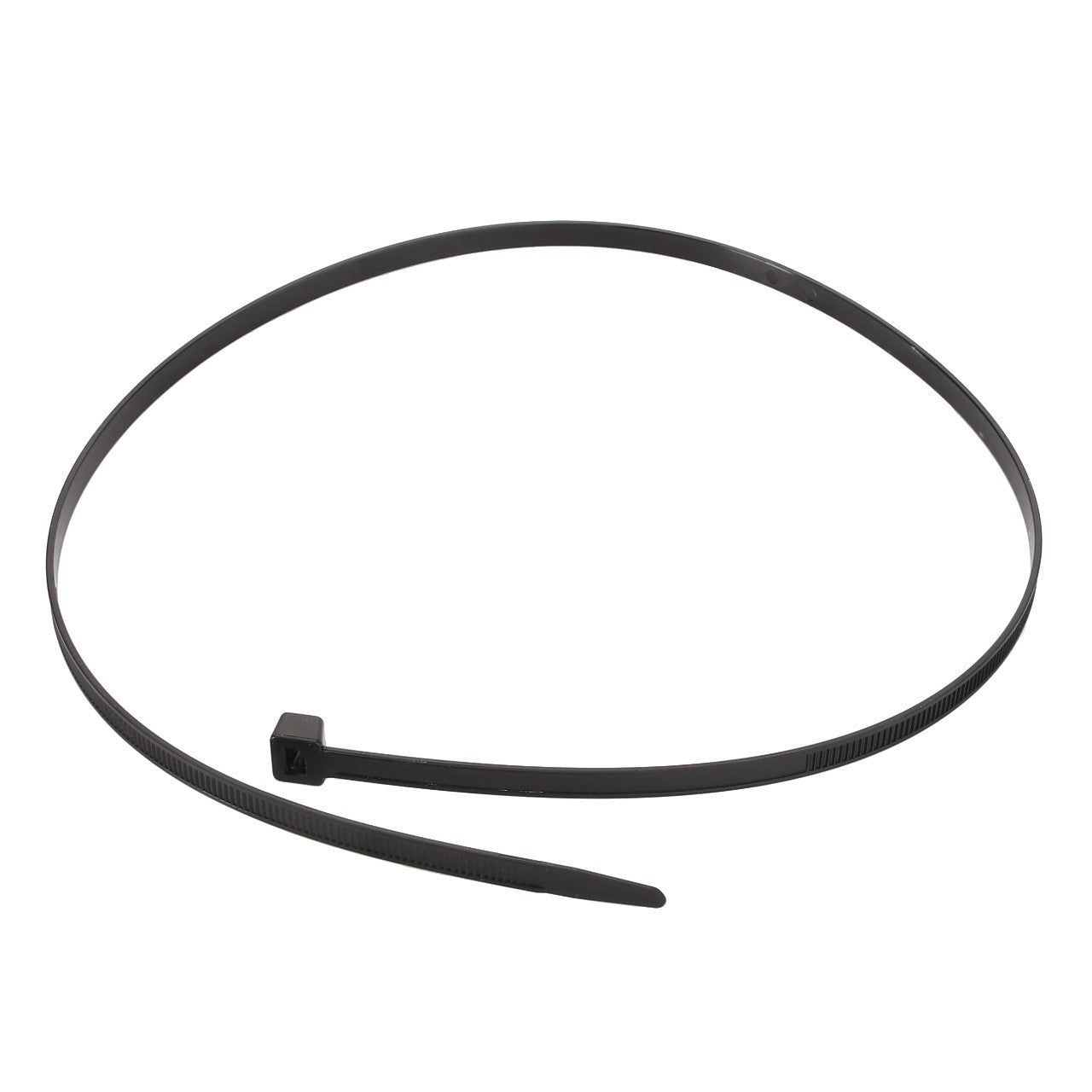 The AGCO | CABLE TIE - D45080015 is a durable black zip tie that features a square locking mechanism on one end and a tapered tip on the other, neatly coiled in a circular shape.