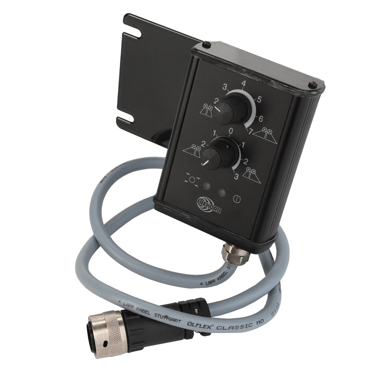 The AGCO BOX - D46150525 is a black electrical control box featuring two knobs and a switch, connected by a gray cable with a labeled metal connector.