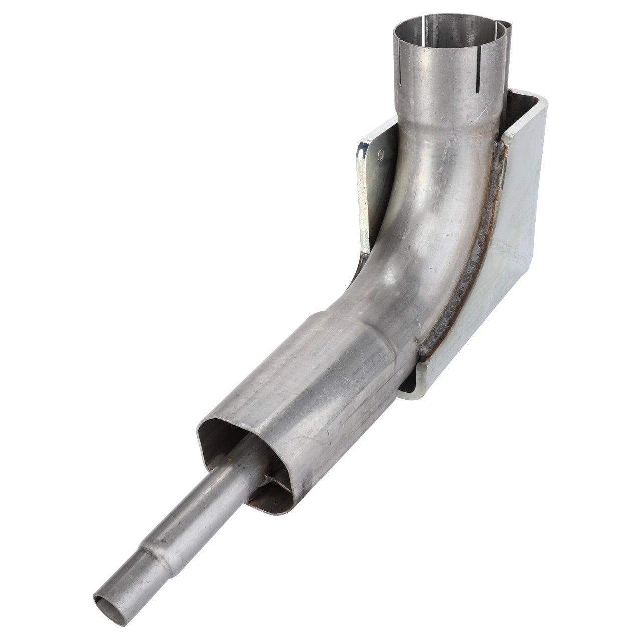 A cylindrical, curved metallic pipe featuring a bracket for attachment, suitable for Fendt or Massey Ferguson equipment, available as AGCO | Tube - 4274704M1 by AGCO.