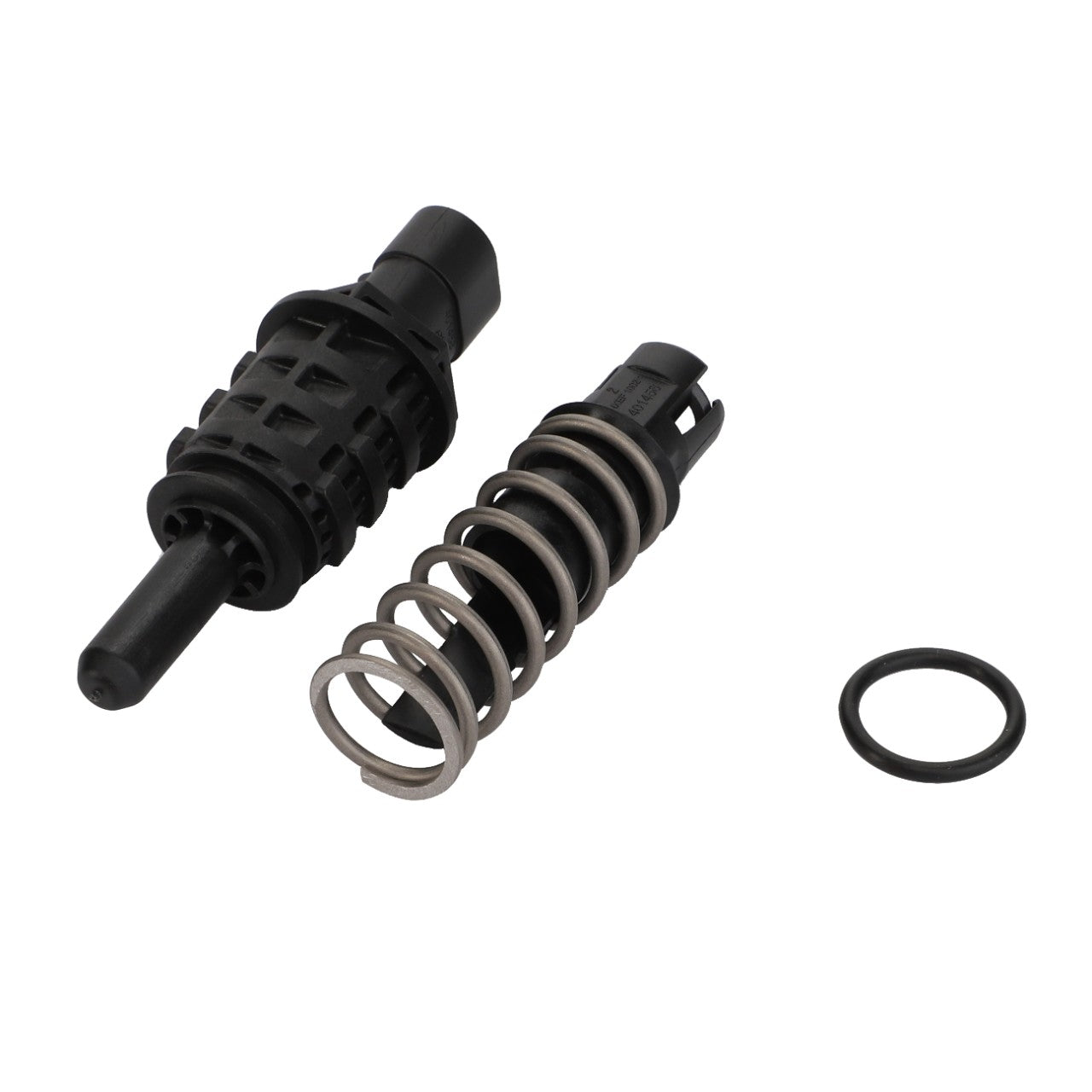 Three meticulously aligned mechanical components: a black cylindrical piece featuring a textured surface, a metal coil spring encircling a smaller black element, and an independent black O-ring belonging to the AGCO product line SWITCH - F835100600040 by AGCO.