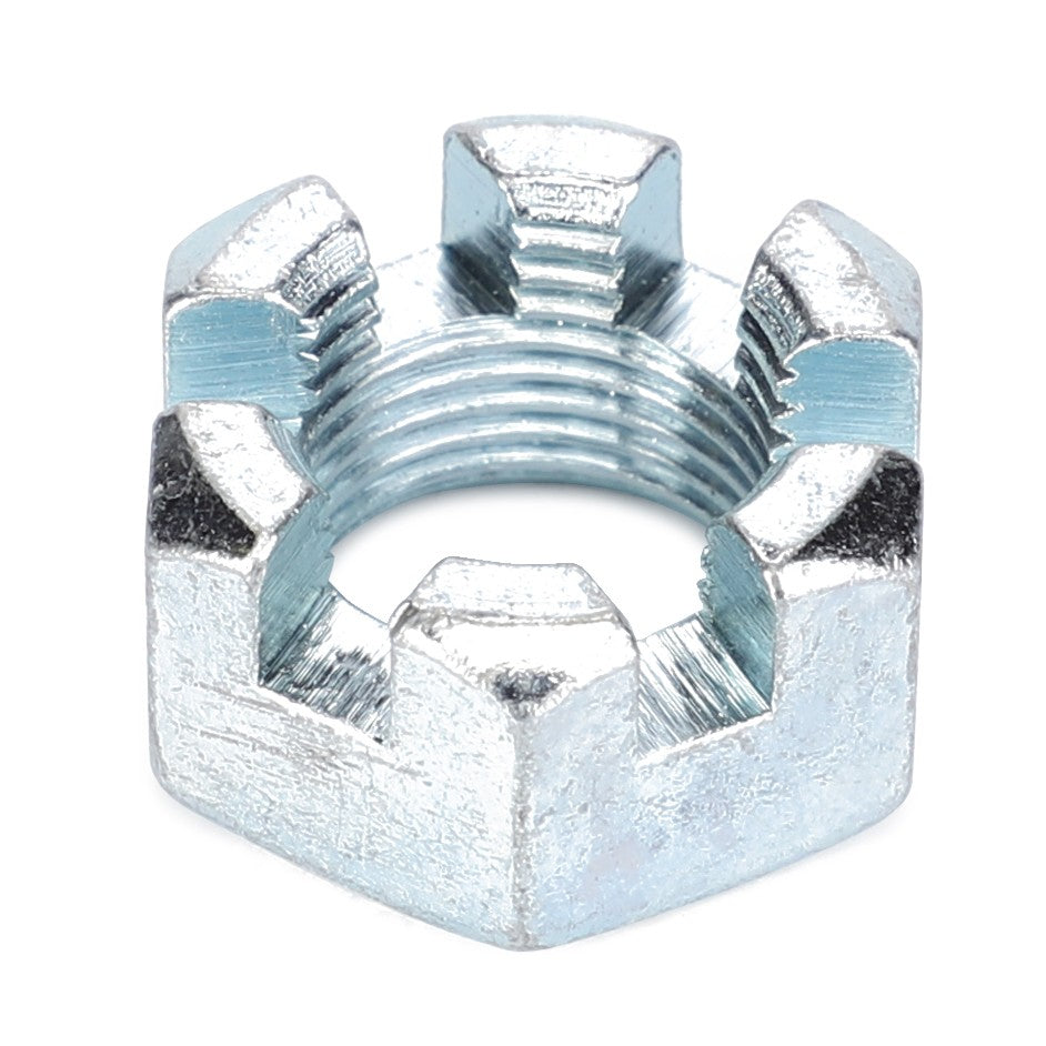 A silver metallic slotted nut with a castellated top, viewed from an angled perspective, ideal for use in Massey Ferguson models. Product Name: AGCO | Slotted Nut - 70918787. Brand Name: AGCO.