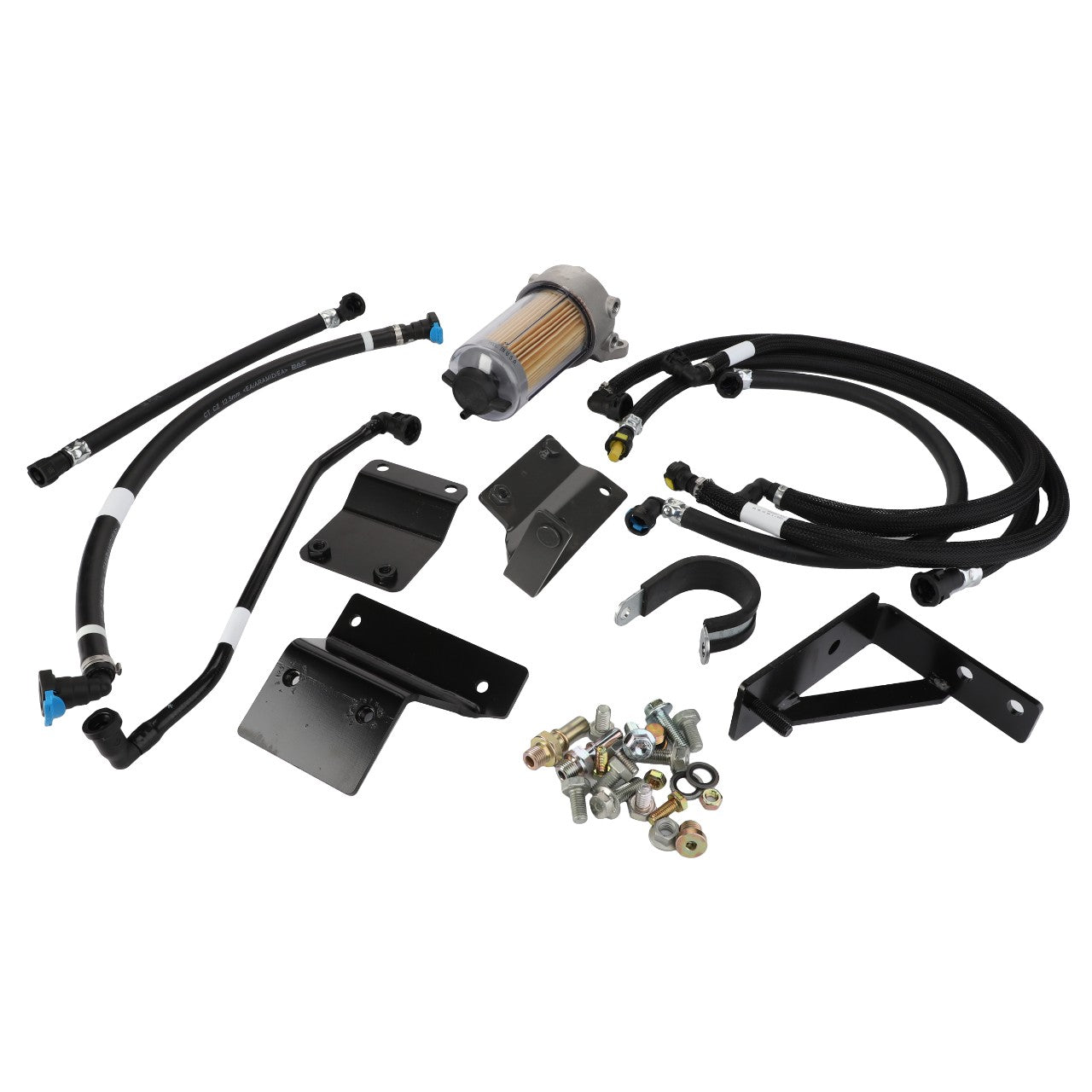 Here's the revised sentence with the given product data:
The AGCO Fuel Filter Kit (model Acx2706160) laid out on a white background showcases a comprehensive assembly kit featuring various auto parts, including hoses, brackets, fittings, a filter, and mounting hardware. No current product description information available.