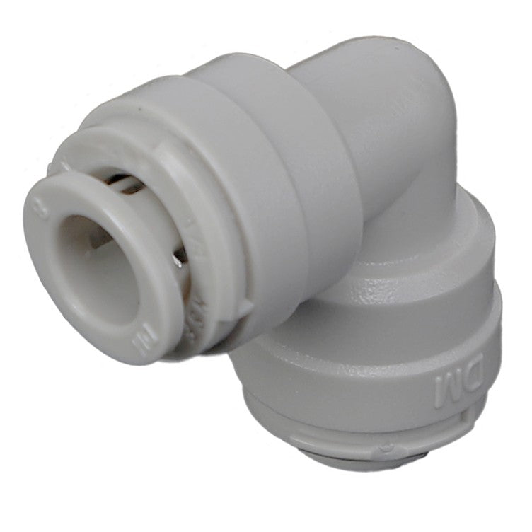 An AGCO elbow fitting, model AG516476, is a white plastic connector with push-fit fittings on both ends and the initials "DM" embossed on one side. No further product description information is available.