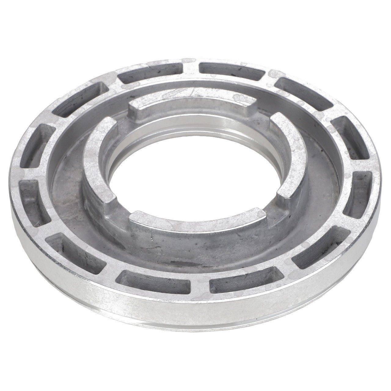 Close-up of the AGCO | CLUTCH PISTON - AG331585, a silver metallic mechanical part featuring a circular design with multiple grooves and slots around its circumference.