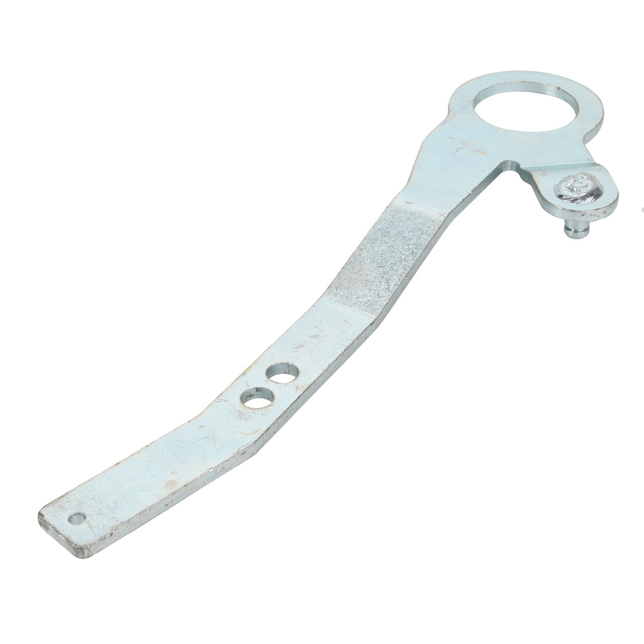 Product Name: AGCO | Lever - Acp0335670
Brand Name: AGCO
Description: The AGCO Lever - Acp0335670 is a metallic, flat tool featuring a looped end and two holes near the opposite end, likely designed for tightening or loosening fasteners.