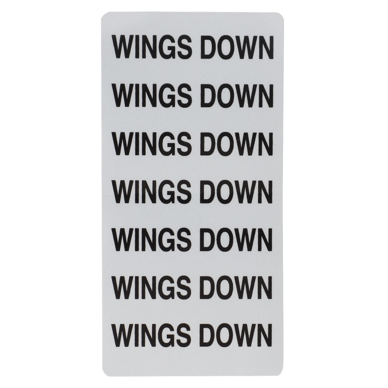 A white AGCO sign, labeled as "Decal - Acp0037750," featuring the phrase "WINGS DOWN" repeated seven times in black capital letters.