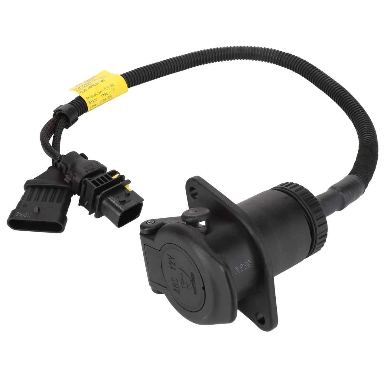 Close-up of the AGCO | - ACX2896130 black electrical connector with an attached cable and 12V plug, featuring labels on the wires. No relevant SEO keywords can be identified from the provided product description.