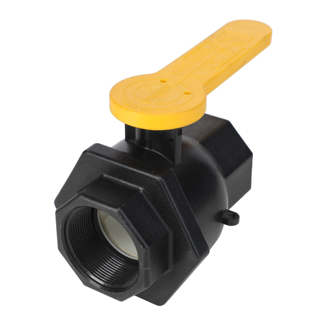 Product Name: AGCO | VALVE - AG426517
Brand Name: AGCO
Description: This industrial valve features a black body with a yellow handle and threaded connections on both ends.