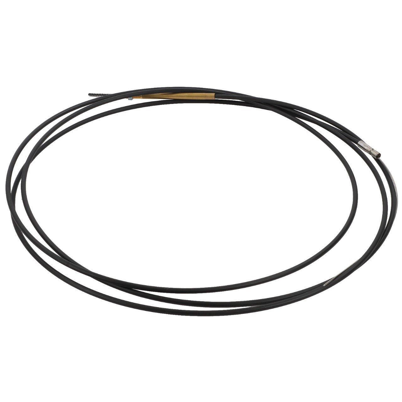 The AGCO | ACCELERATOR CABLE - D46439300 is a coiled black cable featuring metal connectors at both ends. While specific product details remain undisclosed, this adds an intriguing layer of mystery to its specifications.