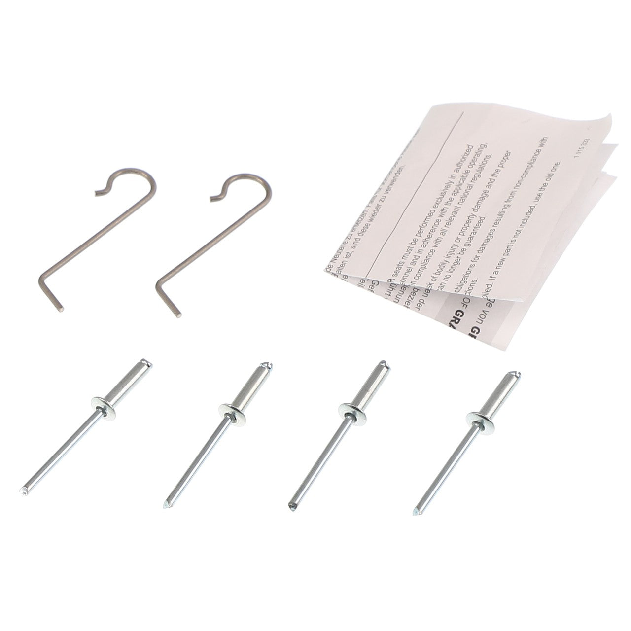 The AGCO Small Parts Kit - F339500030220, consisting of two metal hooks, four metal rivets, and two pieces of folded paper with printed text, is displayed on a white surface.