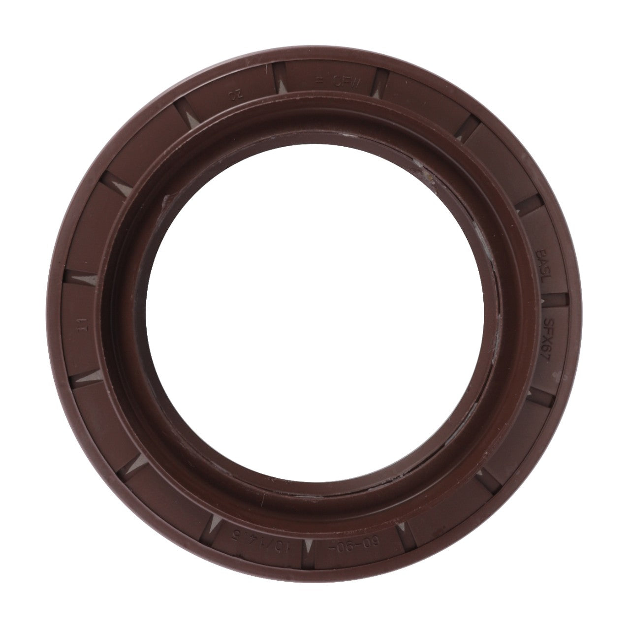 The AGCO Shaft Seal - H524300020121 is a round brown rubber seal with a ridged outer edge, designed specifically for Massey Ferguson machinery to offer protection from contaminants.
