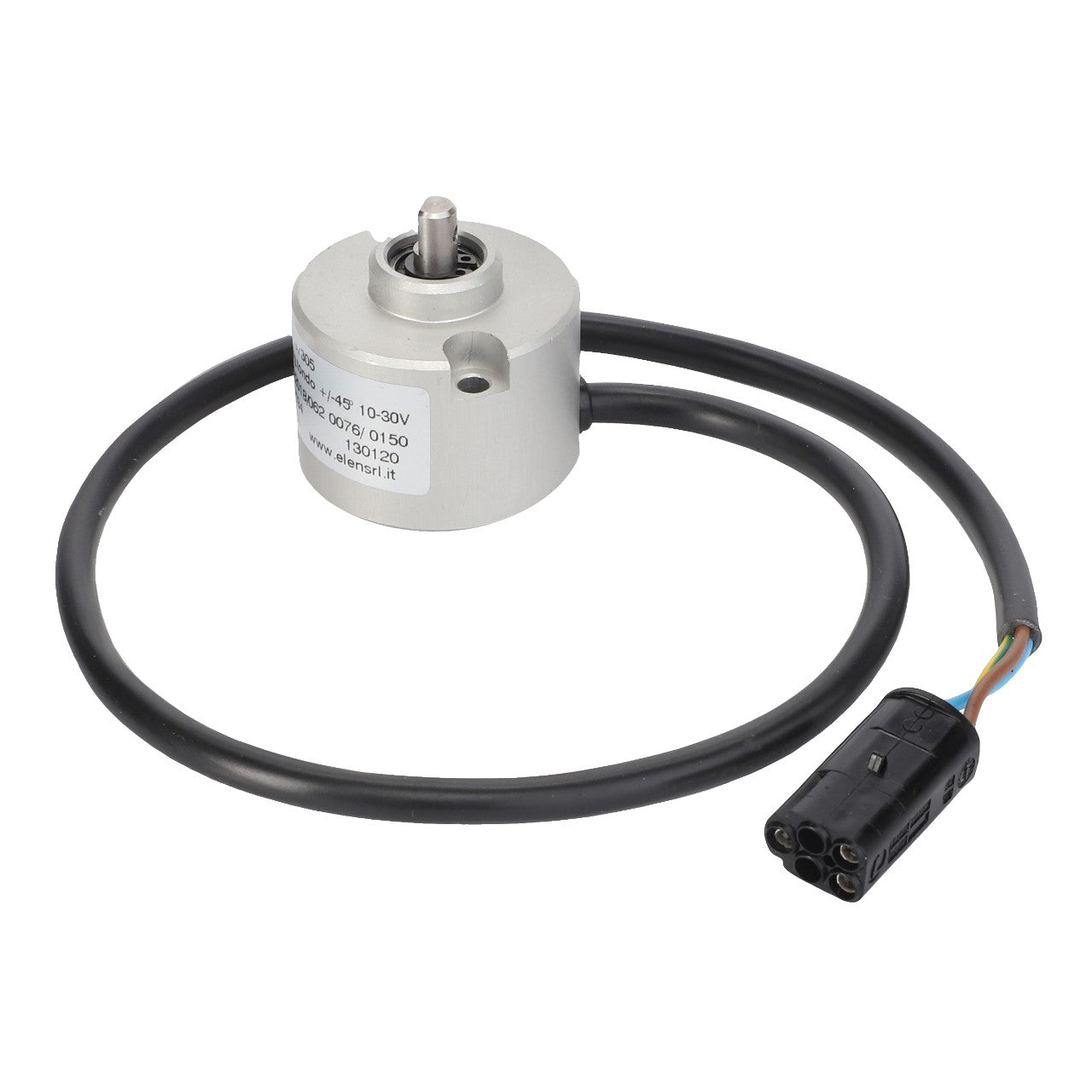 The AGCO Sensor - Acp0407920 is a cylindrical electrical component equipped with an attached multi-colored wire connected to a black plug. Designed for high accuracy steering, it features a metal shaft on top and incorporates AGCO Genuine Steering Sensors to reduce downtime.