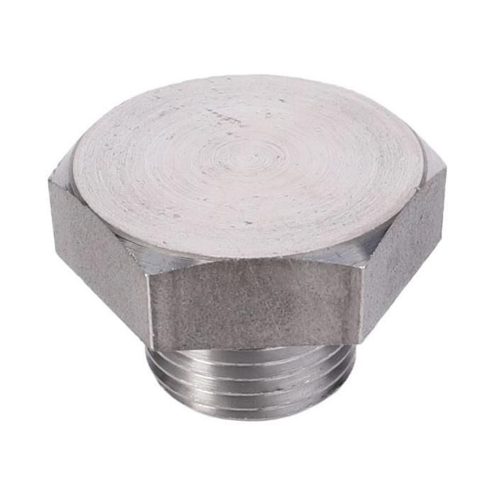A metallic hexagonal plug with a threaded base, from AGCO's Massey Ferguson - Plug - V836655493, is shown on a white background.