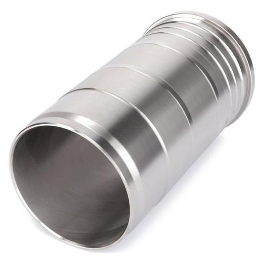 A cylindrical stainless steel duct connector with ribbed ends and a smooth central surface, compatible with the AGCO Massey Ferguson Cylinder Liner V836867048.